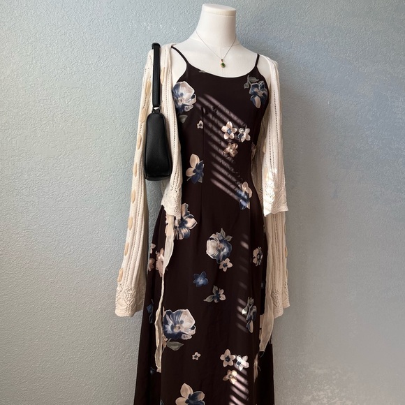 Vintage 90s Indie Brown Floral Slip Dress Spaghetti Strap Maxi Sense USA Size S - Picture 2 of 11